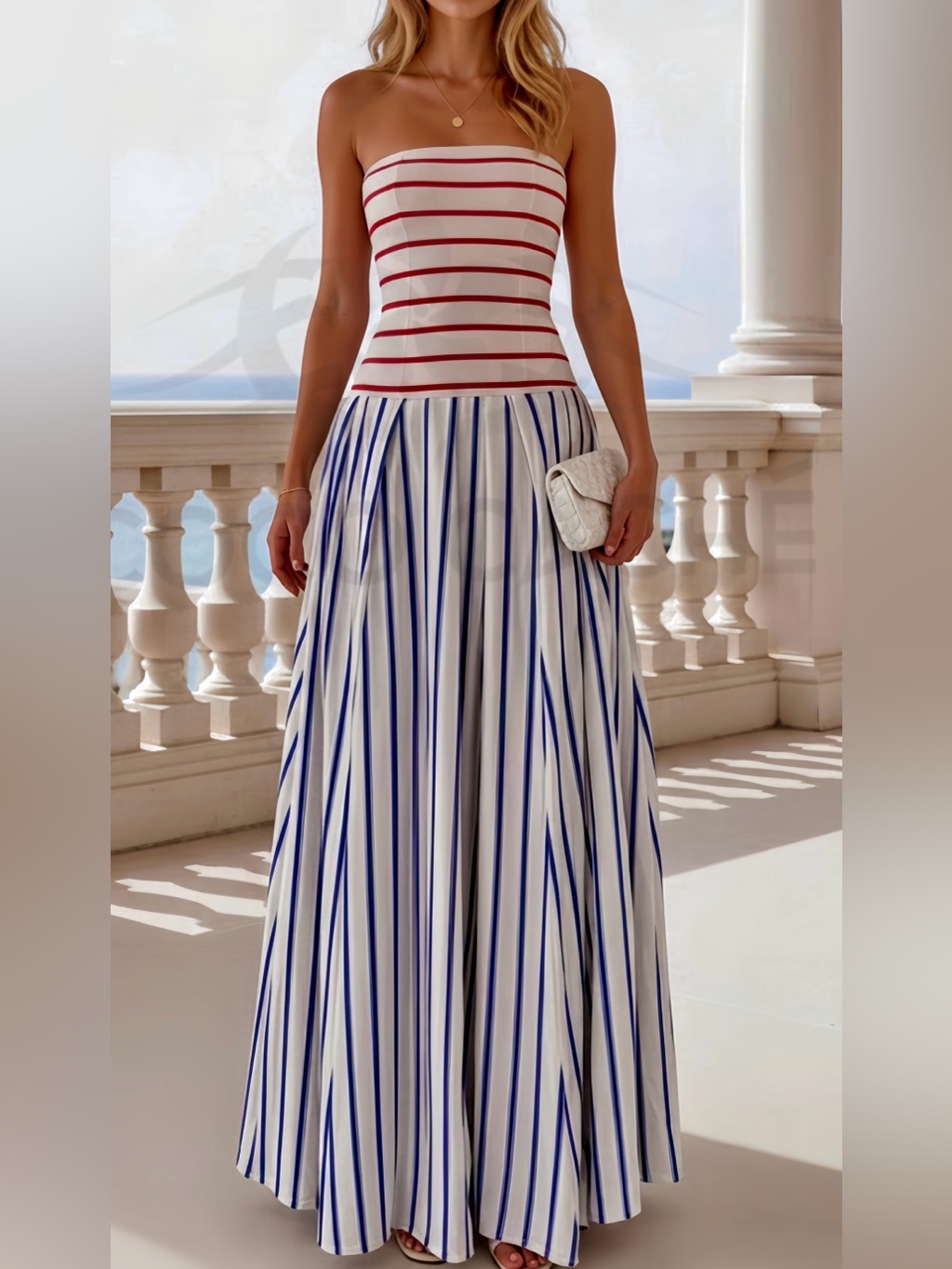 Elegant Strapless Striped Blue Red And White Drop Waist Party Dress